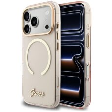 iPhone 17 Pro Max Guess IML Script Metal MagSafe dėklas – rožinis iPhone 17 Pro Max Guess IML Script Metal MagSafe dėklas – rožinis