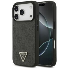 iPhone 17 Pro dėklas Guess Leather 4G Triangle Strass, MagSafe – juodas
