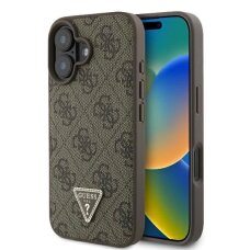 iPhone 16 Guess Leather 4G Triangle Strass MagSafe dėklas – rudas iPhone 16 Guess Leather 4G Triangle Strass MagSafe dėklas – rudas