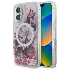 iPhone 16 – Guess Liquid Glitter Flower MagSafe dėklas - Rožinis