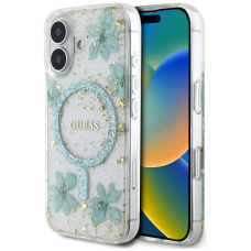 iPhone 16 – Guess Resin Flowers Glitter MagSafe dėklas - Skaidriai žalias