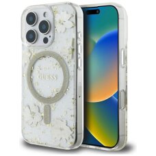 iPhone 16 Pro Guess Resin Flowers Glitter MagSafe dėklas – smėlinis
