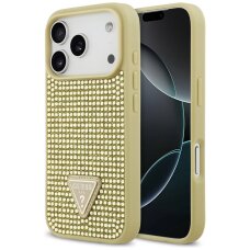 Akcija! *** pažeista pkuotė *** iPhone 17 Pro dėklas Guess Rhinestone Triangle Logo – auksinis