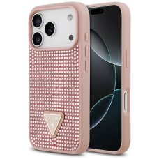 iPhone 17 Pro dėklas Guess Rhinestone Triangle Logo – rožinis
