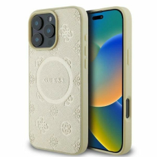 iPhone 16 Pro Guess Saffiano Peony Classic Logo MagSafe dėklas - auksinis