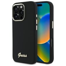 iPhone 16 Pro Max Guess Silicone Script Metal Logo & Frame dėklas – juodas