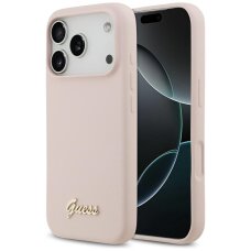 iPhone 17 Pro dėklas Guess Silicone Script Metal Logo, MagSafe – rožinis