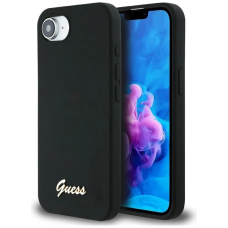 Guess Silikoninis Script Metal Logo MagSafe iPhone 16e Dėklas - Juodas