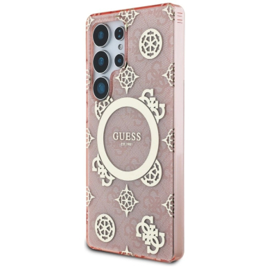 Samsung Galaxy S25 Ultra – Guess 4G Background Gold Electroplated Peony Pattern MagSafe dėklas - Rožinis 1