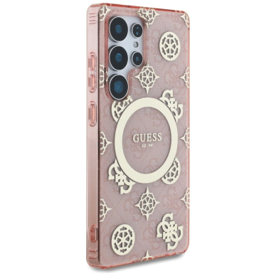 Samsung Galaxy S25 Ultra – Guess 4G Background Gold Electroplated Peony Pattern MagSafe dėklas - Rožinis 3