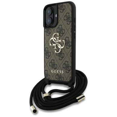 Guess 4G Big Logo Cord Stap Crossbody Dėklas skirtas iPhone 16 Rudas