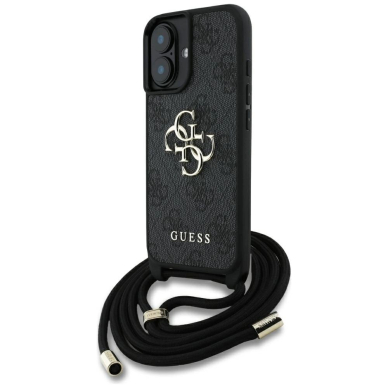 Guess 4G Big Logo Cord Stap Crossbody Dėklas skirtas iPhone 16 Plus Juodas