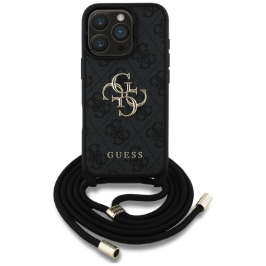 Guess 4G Big Logo Cord Stap Crossbody Dėklas skirtas iPhone 16 Pro Max Juodas 1
