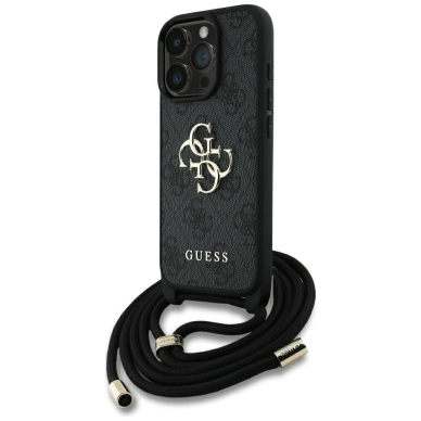 Guess 4G Big Logo Cord Stap Crossbody Dėklas skirtas iPhone 16 Pro Max Juodas