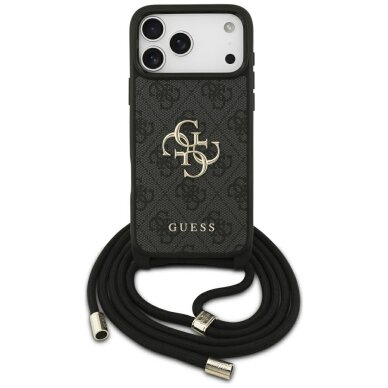 iPhone 17 Pro Max dėklas Guess 4G Big Logo Cord Strap Crossbody – juodas iPhone 17 Pro Max dėklas Guess 4G Big Logo Cord Strap Crossbody – juodas