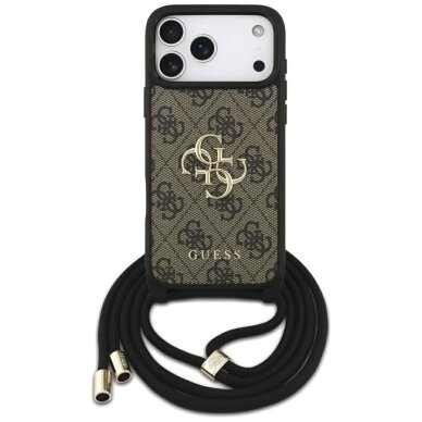 iPhone 17 Pro Max dėklas Guess 4G Big Logo Cord Stap Crossbody – rudas