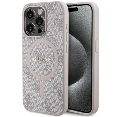 Originalus Guess dėklas 4G Collection Leather Metal Logo MagSafeiPhone 14 Pro Max - Rožinis