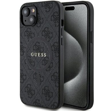 iPhone 14/15/13 dėklas Guess 4G Collection iš odos su metaliniu logotipu ir MagSafe – juodas iPhone 14/15/13 dėklas Guess 4G Collection iš odos su metaliniu logotipu ir MagSafe – juodas