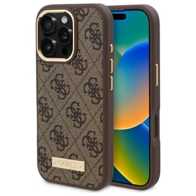 iPhone 16 Pro – Guess 4G Logo Plate MagSafe dėklas - Rudas
