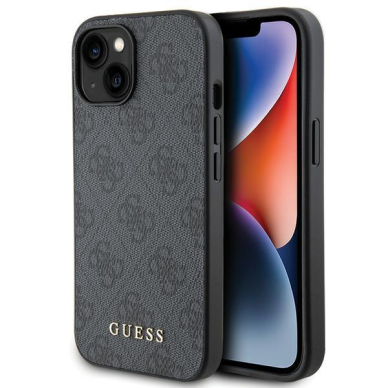 Dėklas Guess 4G Metal Auksinis Logo iPhone 15 - Pilkas Dėklas Guess 4G Metal Auksinis Logo iPhone 15 - Pilkas