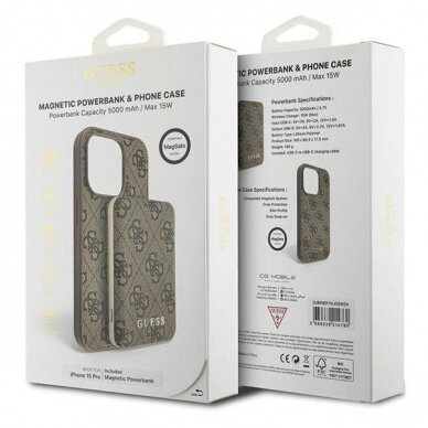 Guess 4G Metal Logo Dėklas set iPhone 15 Pro + 5000mAh MagSafe power bank - Rudas 10 Guess 4G Metal Logo Dėklas set iPhone 15 Pro + 5000mAh MagSafe power bank - Rudas 10