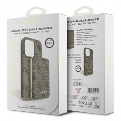 Guess 4G Metal Logo Dėklas set iPhone 15 Pro Max + 5000mAh MagSafe power bank - Rudas 10 Guess 4G Metal Logo Dėklas set iPhone 15 Pro Max + 5000mAh MagSafe power bank - Rudas 10