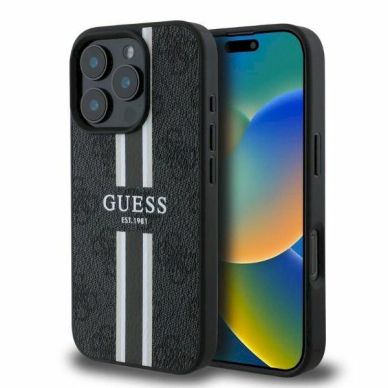 Guess 4G Printed Stripes MagSafe Dėklas iPhone 16 Pro Max - juodas Guess 4G Printed Stripes MagSafe Dėklas iPhone 16 Pro Max - juodas