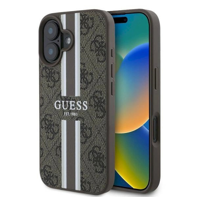 Guess 4G Printed Stripes MagSafe iPhone 16 Plus Dėklas - rudas Guess 4G Printed Stripes MagSafe iPhone 16 Plus Dėklas - rudas