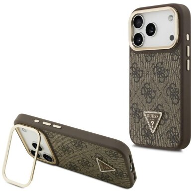 iPhone 17 Pro Guess 4G PU Triangle Logo & Stand Camera MagSafe dėklas – rudas iPhone 17 Pro Guess 4G PU Triangle Logo & Stand Camera MagSafe dėklas – rudas