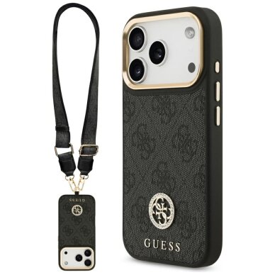 iPhone 17 Pro Guess 4G Strass Logo & Big Strap Metal Buttons MagSafe dėklas – juodas