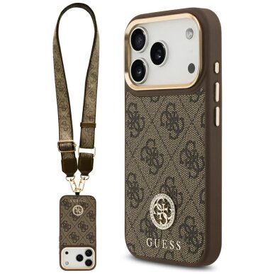 iPhone 17 Pro Guess 4G Strass Logo & Big Strap Metal Buttons MagSafe dėklas – rudas iPhone 17 Pro Guess 4G Strass Logo & Big Strap Metal Buttons MagSafe dėklas – rudas