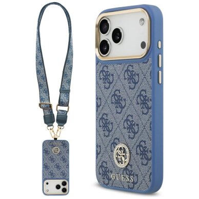 iPhone 17 Pro Max Guess 4G Strass Logo & Big Strap Metal Buttons MagSafe dėklas – mėlynas