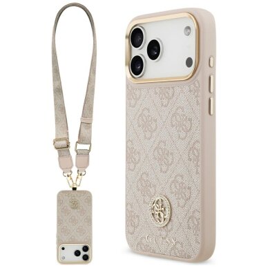 iPhone 17 Pro Max dėklas Guess 4G Strass Logo & Big Strap Metal Buttons MagSafe – rožinis