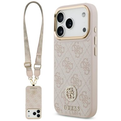 iPhone 17 Pro dėklas Guess 4G Strass Logo & Big Strap su metaliniais mygtukais, MagSafe – rožinis