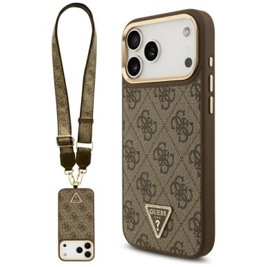 iPhone 17 Pro Max Guess 4G Triangle Logo & Big Strap Metal Buttons MagSafe dėklas – rudas iPhone 17 Pro Max Guess 4G Triangle Logo & Big Strap Metal Buttons MagSafe dėklas – rudas