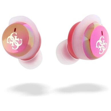 Belaidės ausinės Guess GUTWSJ144ESF TWS + įkrovimo stotelė – fuksijos spalvos, Iridescent 4G Printed Logo 4