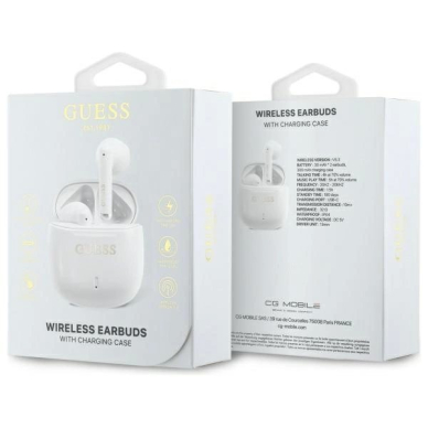 Guess GUTWSJ14ESGH TWS Bluetooth ausinės + įkrovimo stotelė – baltos/baltos su klasikiniais logotipais 3