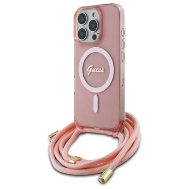 Dėklas Guess Crossbody Cord Script MagSafe  iPhone 16 Pro Max - Rožinis Dėklas Guess Crossbody Cord Script MagSafe  iPhone 16 Pro Max - Rožinis