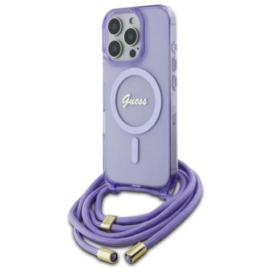Dėklas Guess Crossbody Cord Script MagSafe iPhone 16 Pro Max - Violetinis Dėklas Guess Crossbody Cord Script MagSafe iPhone 16 Pro Max - Violetinis