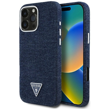 iPhone 16 Pro – Guess Denim Triangle Logo MagSafe dėklas - Mėlynas