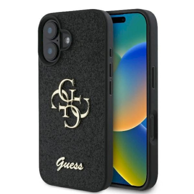Guess Fixed Glitter Big 4G Dėklas iPhone 16 Plus - juodas Guess Fixed Glitter Big 4G Dėklas iPhone 16 Plus - juodas