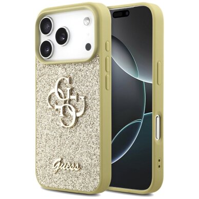 iPhone 17 Pro dėklas Guess Fixed Glitter Big 4G – auksinis