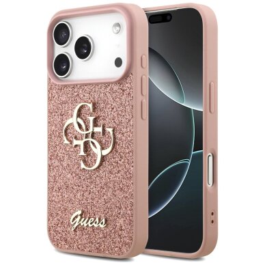 iPhone 17 Pro dėklas Guess Fixed Glitter Big 4G – rožinis iPhone 17 Pro dėklas Guess Fixed Glitter Big 4G – rožinis