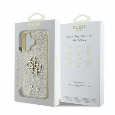 Guess Fixed Glitter Big 4G iPhone 16 Dėklas - auksinis 3 Guess Fixed Glitter Big 4G iPhone 16 Dėklas - auksinis 3