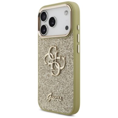 iPhone 17 Pro Guess Fixed Glitter Big 4G Metal Frame dėklas – auksinis 1
