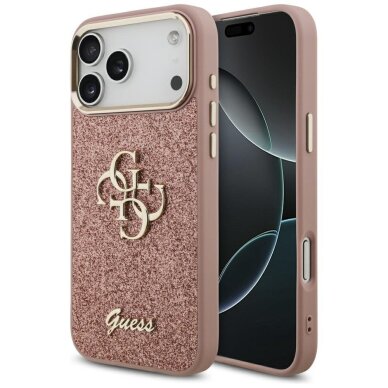 iPhone 17 Pro Max Guess Fixed Glitter Big 4G Metal Frame dėklas – rožinis iPhone 17 Pro Max Guess Fixed Glitter Big 4G Metal Frame dėklas – rožinis
