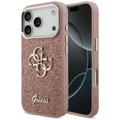 iPhone 17 Pro Guess Fixed Glitter Big 4G Metal Frame dėklas – rožinis iPhone 17 Pro Guess Fixed Glitter Big 4G Metal Frame dėklas – rožinis