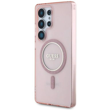 Samsung Galaxy S25 Ultra – Guess Glitter Circle Classic Logo MagSafe dėklas - Rožinis 1