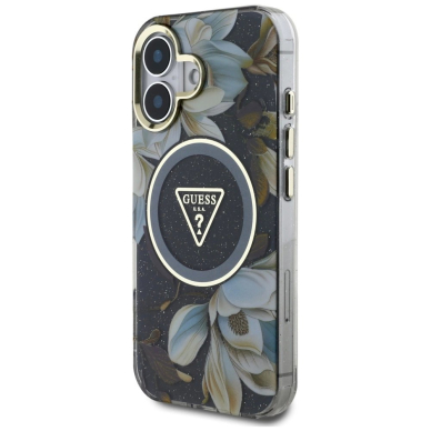 Guess Glitter Flowers Triangle Buttons MagSafe Dėklas skirtas iPhone 16 Juodas 1