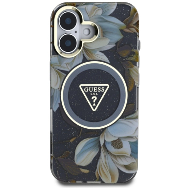 Guess Glitter Flowers Triangle Buttons MagSafe Dėklas skirtas iPhone 16 Juodas 2